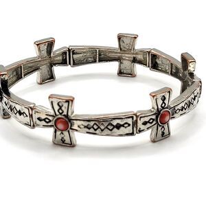Navajo Style Silvertone Cross Bracelet 7in